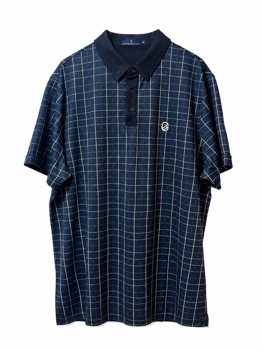 Men's Navy Plaid Performance Polo with Contrast Collar
